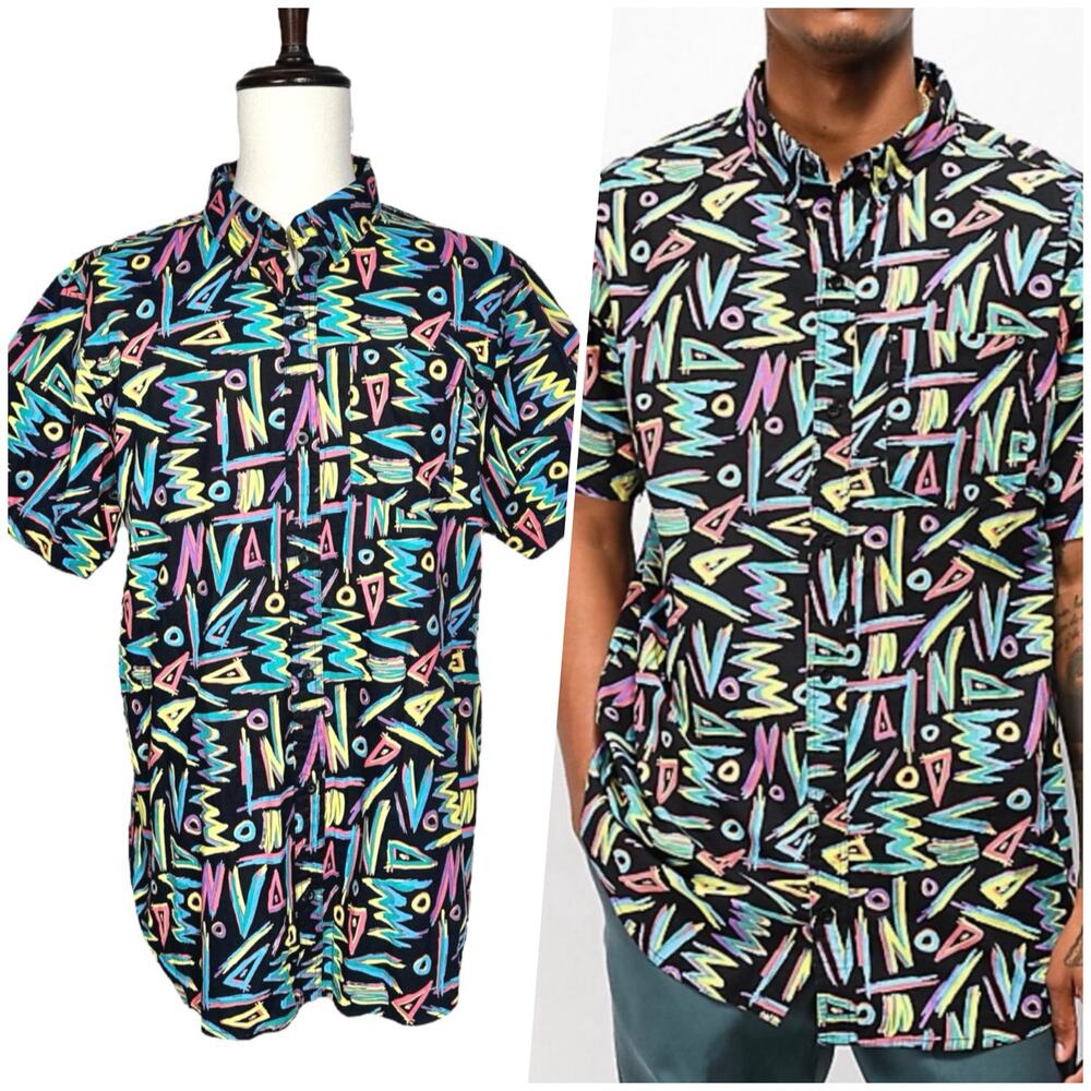 Empyre | Men | Neon Graffiti 90s Style Short Sleeve Button Down Shirt | Size XL